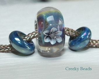 Handmade Lampwork beads - Large hole - blue/purple with flowers - Creeky Beads SRA