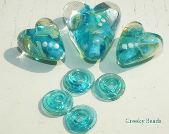 Handmade Lampwork focal bead - Turquoise Hearts- Creeky Beads SRA