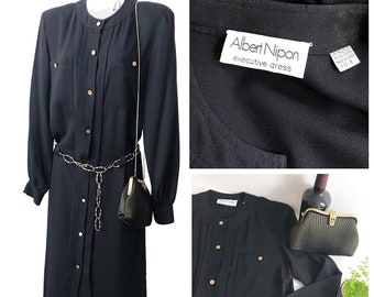 70s albert nipon black shirt dress gold buttons vintage lbd