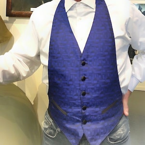mens blue jacquard vest, button front tuxedo vest, vintage formal wedding groom size s/m