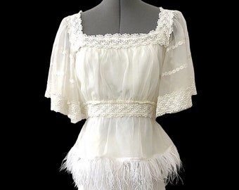 refashioned vintage top from 60s bridal gown with embroidery, feathers, one of a kind