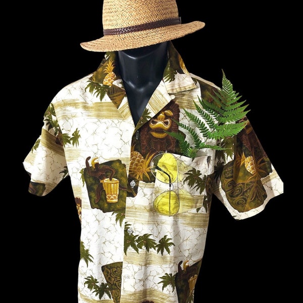 50s/60s mens tribal print aloha hawaiian shirt, liberty house vintage bark cloth summer shirt