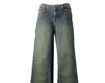 vintage low rider no waistband flare leg stretch faded denim jean, refuge label with grommet detail