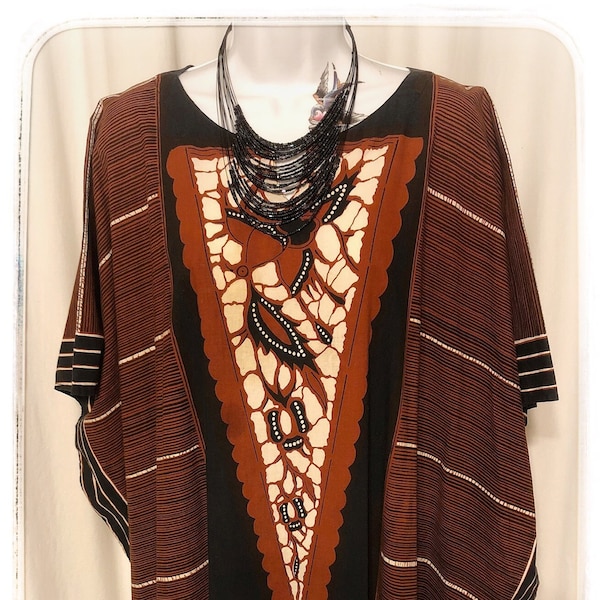 80s indonesian batik boho print kaftan, vintage hippie daishiki dress, cotton caftan midi maxi