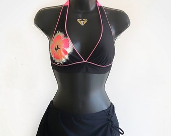 80s pink + black graphic floral bikini top, vintage hobie festival fashion