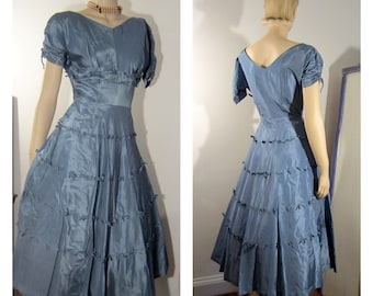 50s blue bow dress, vintage taffeta fit and flare cocktail prom dress