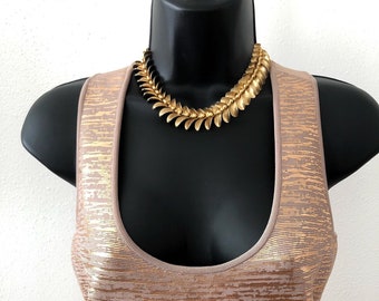 vintage leaf choker, midcentury modern gold tone adjustable necklace, mothers day gift for her
