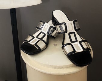 etienne aigner mod color block black and white patent leather shoe, clear lucite cutout sandal