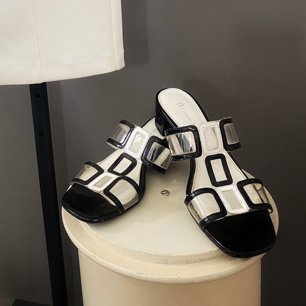 etienne aigner mod color block black and white patent leather shoe, clear lucite cutout sandal