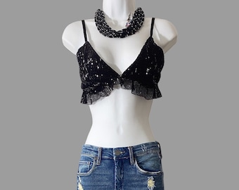 Bralette negro con cuentas y volantes, lencería, top boudoir vintage pequeño