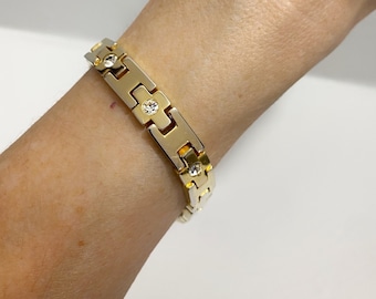 90s gold tone geo rhinestone bracelet, vintage jewelry gift for her