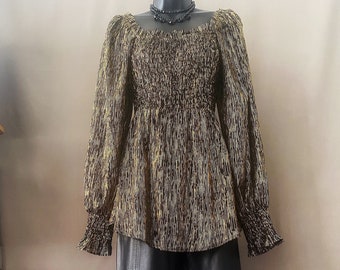 metallic gold and black boho babydoll blouse, vintage smocked puff sleeve holiday party top