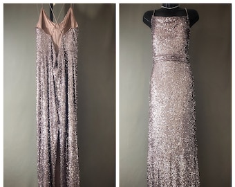 adrianna papell sequin column gown, taupe grey spaghetti strap formal wedding bridal dress