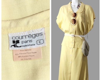 60s rare courreges citron yellow two piece set, vintage french designer skirt, blouse, belt
