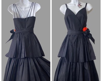 Vestido de cóctel de tafetán estilo tango de los 80, vintage, con volantes, negro a los 7 días de la semana.