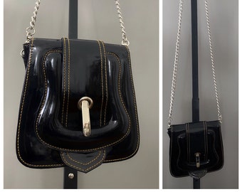 black buckle bag patent leather, vintage removable chain shoulder strap