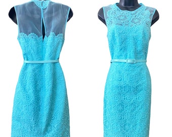90s maggy london lace and silk cocktail dress, vintage turquoise blue belted mini