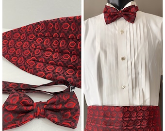 holiday red geo jacquard bow tie cumberbund set, vintage tux accessories