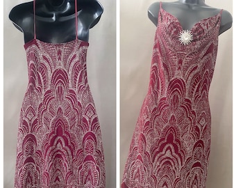 90s disco dress, metallic mini silver, gold geo deco pattern cocktail dress, starburst brooch