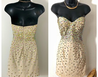 gold stud beaded nude cocktail dress, sweetheart neckline strapless vintage prom party dress