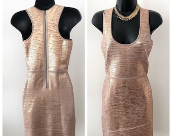 90s rose gold metallic mini bandage bodycon zipper dress, short stretch bcbg max azria cocktail dress