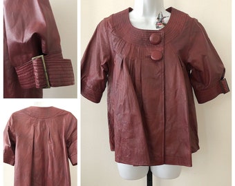 80s distressed leather jacket, ladies short sleeve baby doll swing jacket small birthday anniversary gift