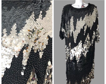 80s oleg cassini cocktail dress, silk with sequins, paillettes, beads, vintage party wear