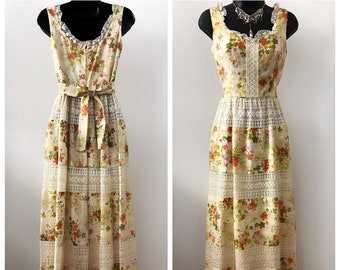 60s folklore floral print prairie dress, hippie lace crochet maxi