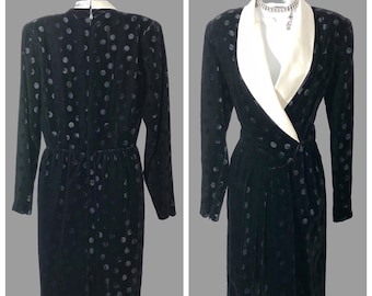 Oscar de la Renta Vintage Black Velvet Cocktail Dress, Ivory Satin Collar
