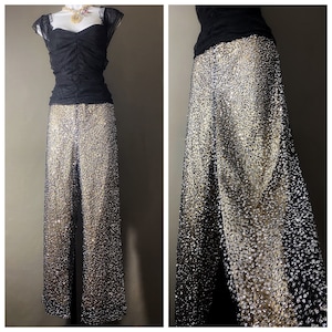80s silver sequin pant, vintage zola evening high waist straight leg party outfit
