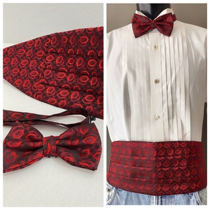 holiday red geo jacquard bow tie cumberbund set, vintage tux accessories