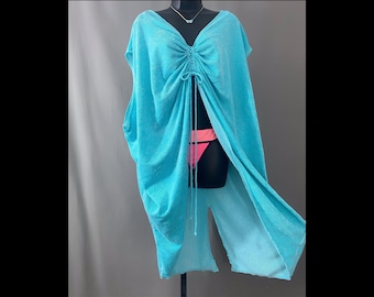 free people terry cloth top beach cover up, vtg turquoise drawstring lounge wear