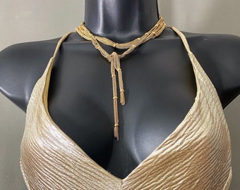 60s gold tone lariat midcentury necklace, vintage multistrand choker, chain tassels, jewelry gift for her