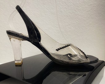 80s lucite heel black patent rhinestone shoe, peeptoe sandal, vintage prom wedding square toe 3 inch high heel