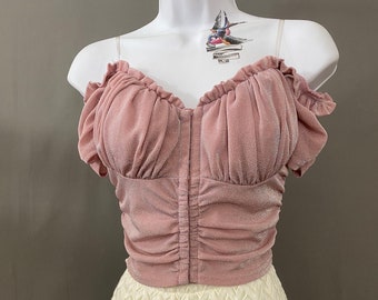 pink shimmery mesh off shoulder bustier blouse, y2k ruffled corset top