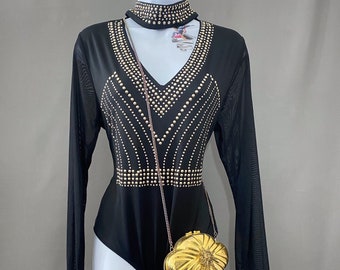 90s black bodysuit gold studs long sleeve vintage layering piece 1XL