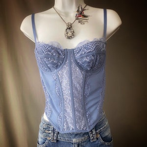 french blue bustier corset top, vintage lacy lingerie beaudoir burlesque pinup honeymoon