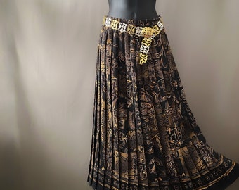 80s leslie fay pleated midi skirt batik botanical print vintage long skirt