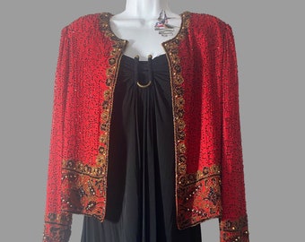 80s red silk beaded evening jacket, vintage laurence kazar floral border lbd jacket