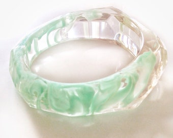 Midcentury Modern Acrylic Bangle, Clear with Mint Green Swirl, Vintage Bracelet