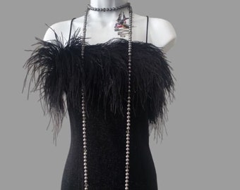 80s ostrich feather black velvet gown, long vintage column dress prom gala holiday new years
