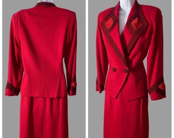 80s nolan miller red beaded suit, dynasty designer, vintage valentine dinner suit career woman