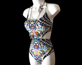 90s graphic monokini swimsuit with cutouts, vintage print bathing suit