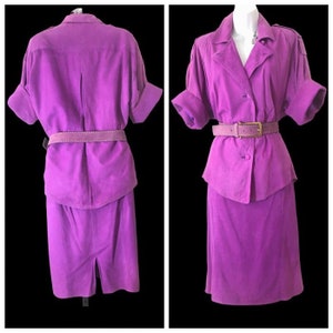 80s Orchid Pink Suede Skirt Suit, Vintage Short Sleeve Jacket, Skirt, Belt