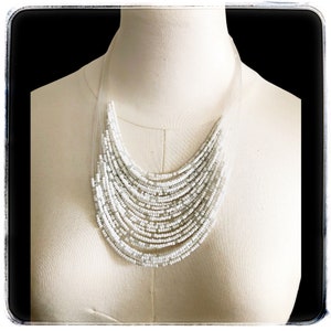 white multi strand beaded choker necklace, vintage statement necklace mothers day gift for her