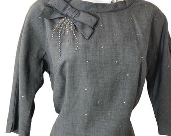 40s cocktail dress grey with rhinestones, back buttons, elbow sleeve, vintage wiggle dress