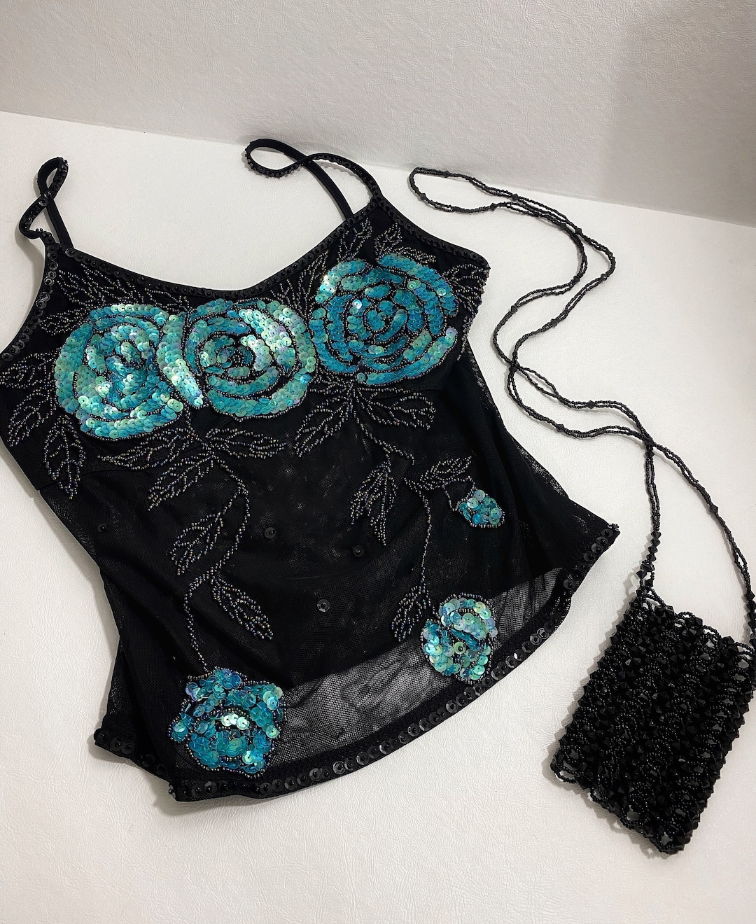 Black Beaded Eyeglass Case, Double Strand Shoulder Strap Vintage