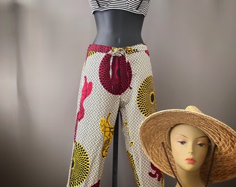 african wax boho block print pant with pockets, vintage drawstring straight leg