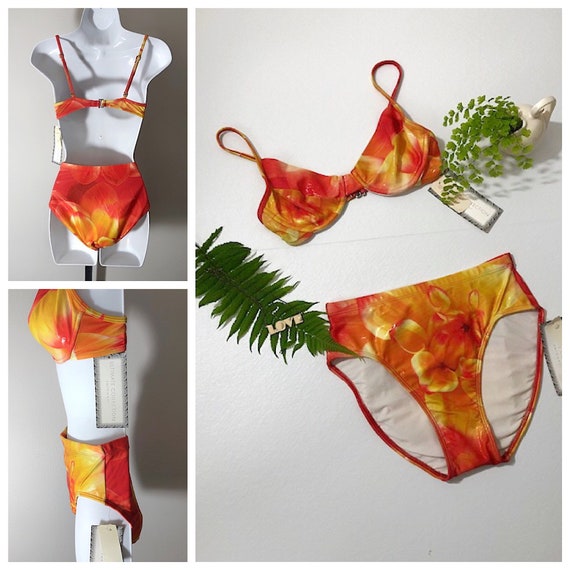 80s orange floral high waisted bikini, NWT vintag… - image 3