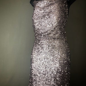 May include: A silver sequined sleeveless dress with a scoop neck.